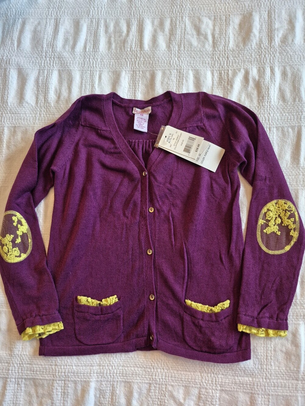 Design 365 girls 6X purple sweater with yellow lace accents NWT
